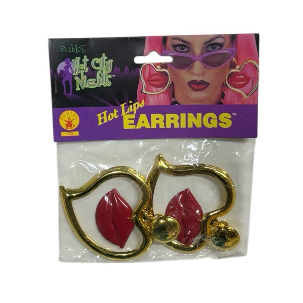 Rubie’s Hot Lips Earrings, pair of big gold clip on heart earrings with lips!